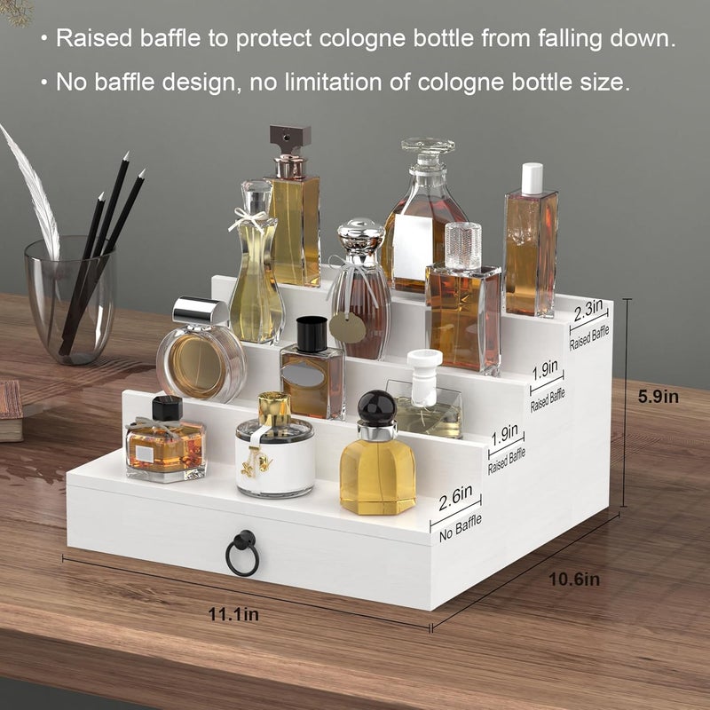upcessory Cologne Organizer for Men, 4 Tier White Wood Perfume Organizer with Felt Lining Drawer and Hidden Compartment, Perfume Display Holder, A Gift for Men - Image 5